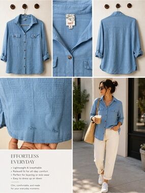 NAIF Light Blue Button-Down Shirt with Roll-Tab Sleeves
